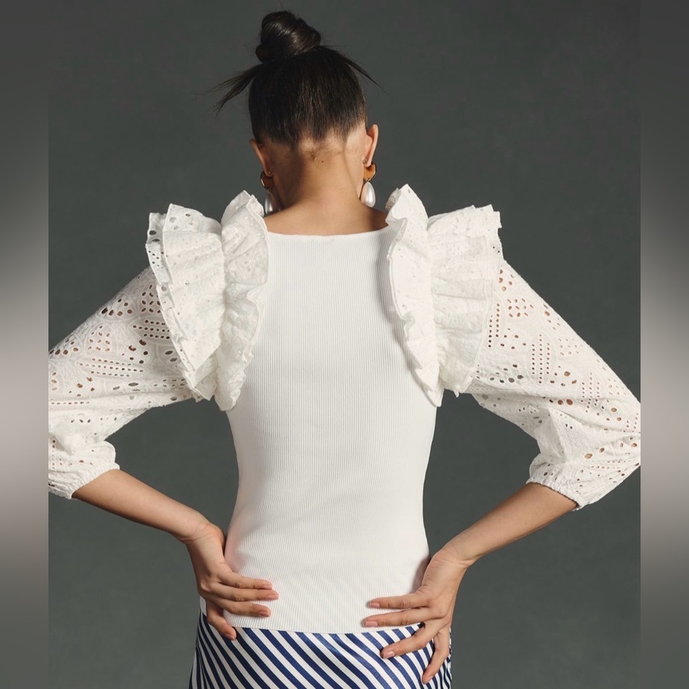 Anthropologie Dolan Eyelet Ruffle Sleeve scoop neck Sweater Top Ivory cream S - Picture 3 of 10